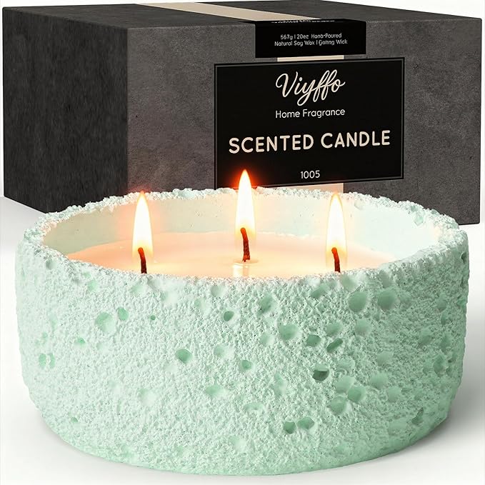 Viyffo 3 Wick Large 20oz Eucalyptus & Peppermint Scented Candle, Non Toxic Soy Candle for Women & Men, Matte Mint Green Ceramic Jar Perfect Luxury Home Fragrance, Elegant Spring Décor & Gift