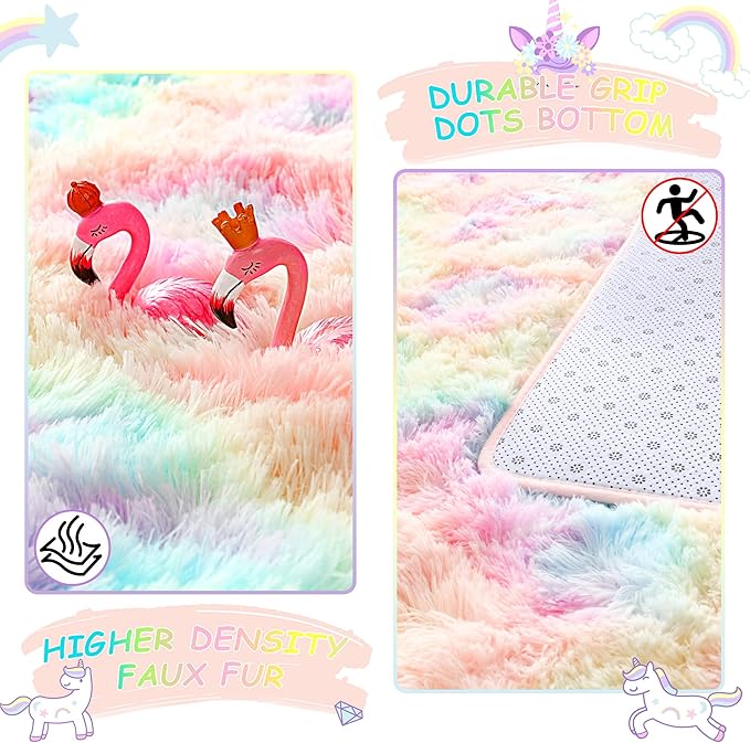 Noahas 4x6 Fluffy Rainbow Rugs for Bedroom Girls,Shag Pink Kids Room Rug,Shaggy Area Rugs for Living Room,Soft Fuzzy Colorful Playroom Nursery Dorm Carpets Room Decor