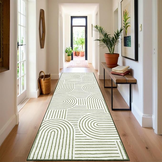 ROYHOME Modern Rug 2.5x10 Runners for Hallways, Abstract Kitchen Runner Rugs Non Slip Bath Runner, Rainbow Washable Rug for Bedroom, Soft Long Rugs for Entryway Bathroom Laundry Dorm, Green