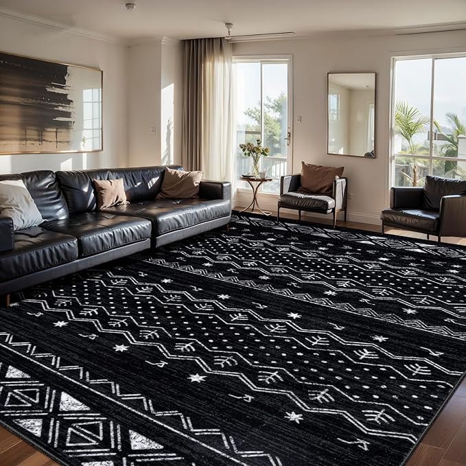 SERISSA 8x10 Area Rugs for Living Room, Washable Non-Slip Black and White Boho Rug, Soft Low-Pile Geometric Indoor Large Carpet for Dining Room Bedroom Home Office Playroom