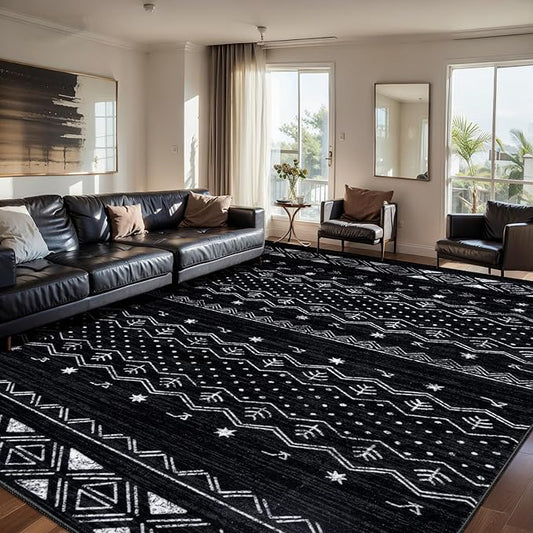 SERISSA 8x10 Area Rugs for Living Room, Washable Non-Slip Black and White Boho Rug, Soft Low-Pile Geometric Indoor Large Carpet for Dining Room Bedroom Home Office Playroom
