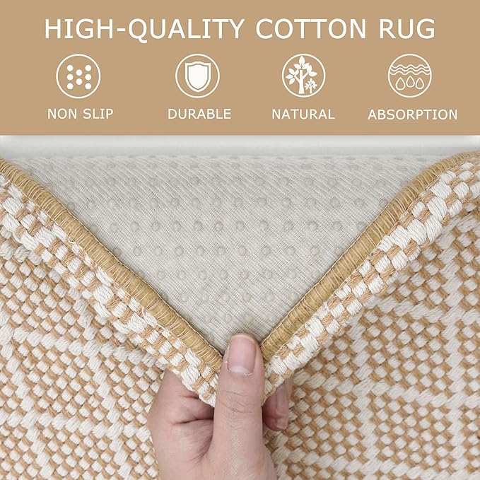 KOZYFLY Small Area Rug 2x3 Ft Washable Entryway Rug Non Slip Rubber Backed Throw Rugs Indoor Door Mat, Braided Cotton Floor Carpet for Front Entrance Front Door Sink Foyer, Tan/Beige