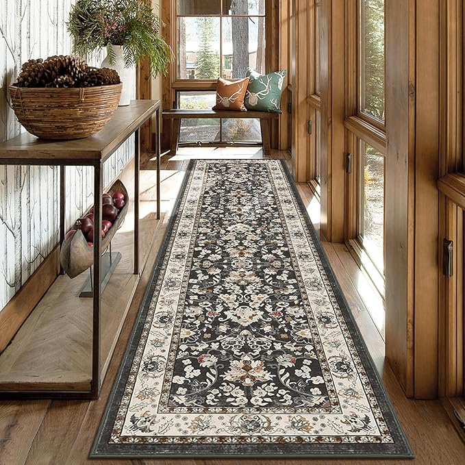 LOKHOM Washable Runner Rug, 2x8 Non Slip Vintage Hallway Runner Rug with Rubber Backing, Boho Floral Soft Faux Wool Kitchen Rug Carpet Runner for Kitchen Laundry Entryway Bedroom (Black)