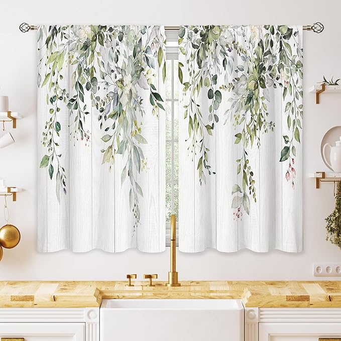 Farmhouse Eucalyptus Botanical Small Kitchen Curtains Rustic Leaves Window Treatment Wooden Floral Sage Mint Green Cafe Short Curtains for Bathroom Dining Tier Treatment Drapes 26x24 inch