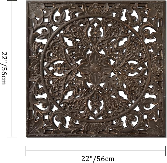 XIAOAIKA Boho Carved Wood Wall Sculpture, Intricate Floral Mandala Design with Distressed Brown Finish, Vintage Farmhouse Wall Art Panel with Solid Wood Frame for Bedroom Entryway (22" x 22")