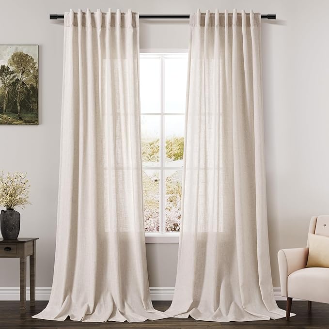 Nanspring Natural Linen Curtains Beige Semi Sheer 98 Inches Long Curtain for Living Room Bedroom 2 Panels Set Back Tab Rod Pocket Light Filtering Voile Window Drapes for Farmhouse Office W52xL98