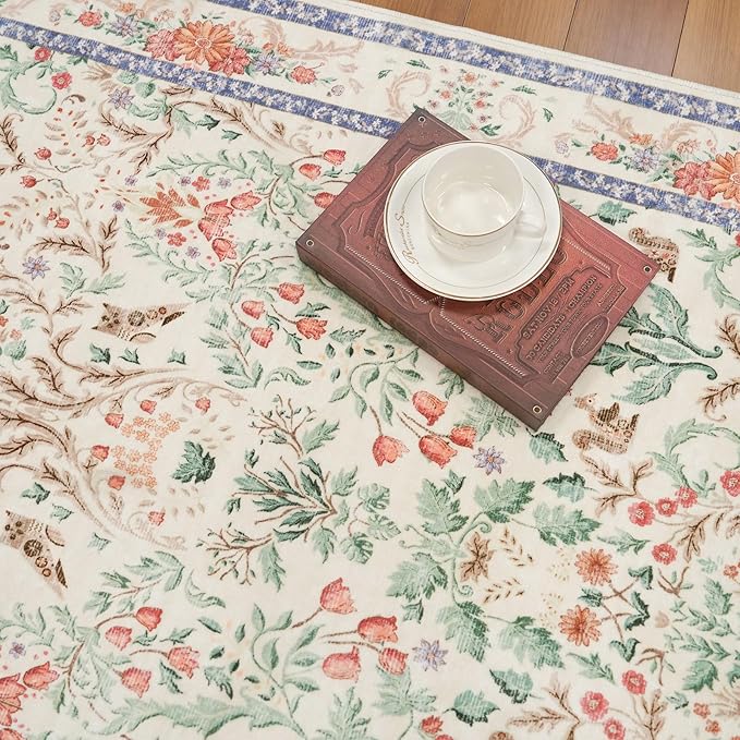 3x6 Botanical Rug Washable Non-Slip – Soft Wide Floor Carpet Runner for Kitchen Entryway Hallway Bathroom, Vintage Florals Animals Low Pile Area Rug (Cream)