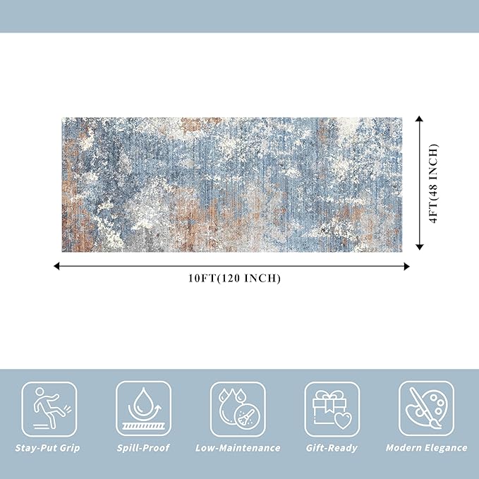 4x10 ft Extra Wide Hallway Rug – Non-Slip Washable Large Carpet Runner for Kitchen, Indoor Entryway, Modern Abstract Low-Pile Thin Floor Mat for Bedroom, Living Room, Dining Room (Blue Rust,4x10)
