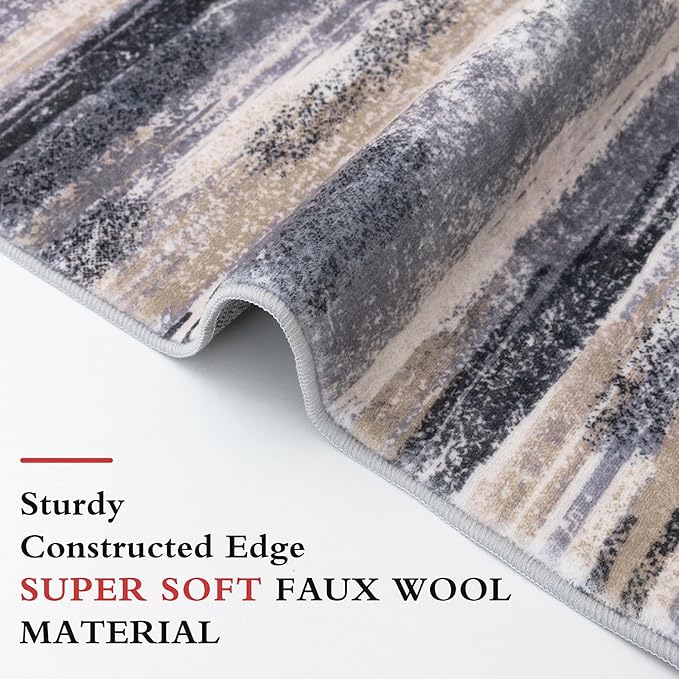 Lansny Modern Abstract Hallway Runner Rug, Grey Black Multi Washable Kitchen Runner Non-Slip Soft 2x8 Runner Rug Thin Print Faux Wool Carpet for Entryway Bedroom Laundry Room Indoor Home Decor