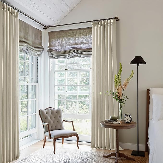 Beige 98 Inch Linen Curtains 2 Panels Set Pinch Pleated for Living Room Bedroom Memory Training Shaped Semi Sheer Neutral Light Tan Flax Burlap Pleat Drapes Hooks Rings Light Filtering Window Curtain