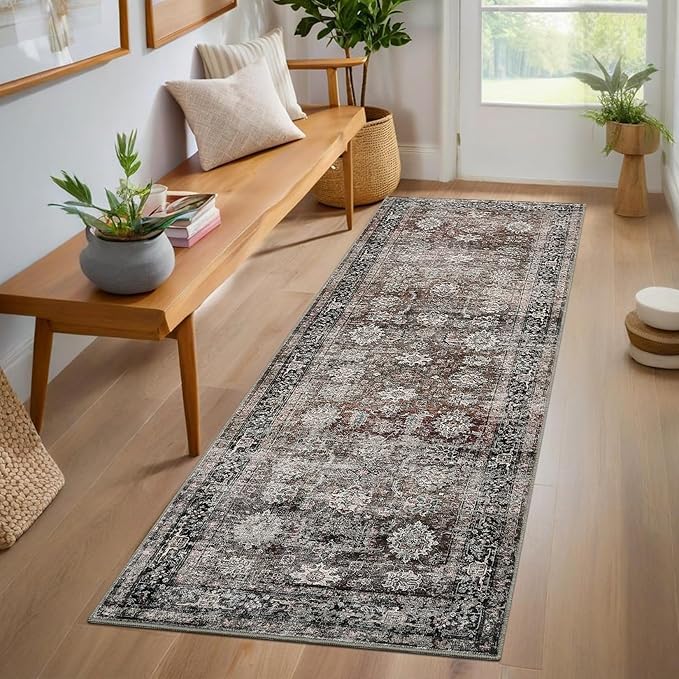 GarveeHome Runner Rugs 2x6 Vintage Printed Hallway Rugs with Non-Slip Backing, Stain-Resistant Oriental Area Rugs, Washable Farmhouse Low Pile Rugs for Kitchen, Laundry, Red Green