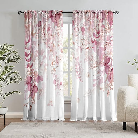 Pink Floral Leaf Sheer Curtains for Girls Bedroom, Botanical Farmhouse Light Filtering Privacy Semi-Sheer Cute Light Pink Curtains for Kids Nursery 84 Inches Long 2 Panels,Rod Pocket,Each 52 Inch Wide
