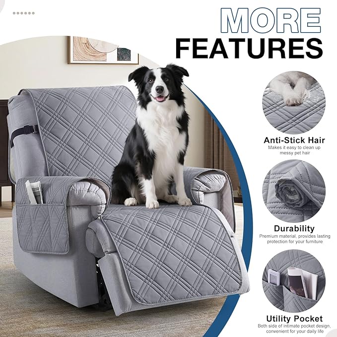 TAOCOCO 100% Waterproof Recliner Chair Cover, Small Recliner Covers for Recliner Chair with Pocket, Non Slip Reclining Chair Cover Furniture Protector for Kids, Pets(20'', Gray)