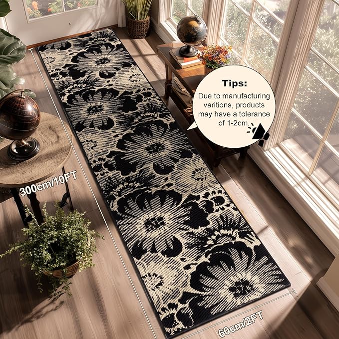 Findosom Hallway Runner Rug 2x10, Non Slip High-Low Textured Floral Washable Runner Rug with Rubber Backing, Boho Carpet Runner for Kitchen, Entryway, Bedroom, Laundry, Black & Beige