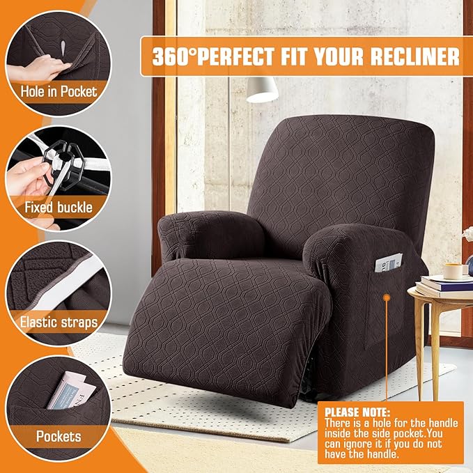 VANSOFY Oversized Recliner Chair Cover, 4-Pieces Stretch Recliner Covers for Recliner Chair Soft Reclining Chair Slipcover Jacquard Pattern Furniture Protector for Dogs Cats(Chocolate)