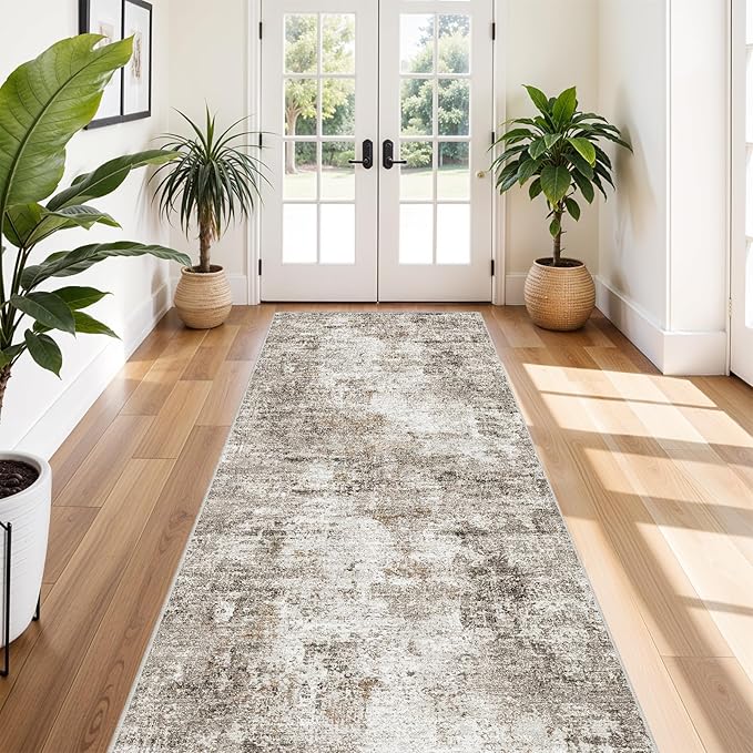 4x12 Wide Hallway Runner Rug – Non-Slip Washable Rubber-Backed Large Carpet Runner for Kitchen, Entryway, Bathroom, Modern Abstract Low-Pile Thin Floor Mat for Living Room, Dining Room (Beige Grey)