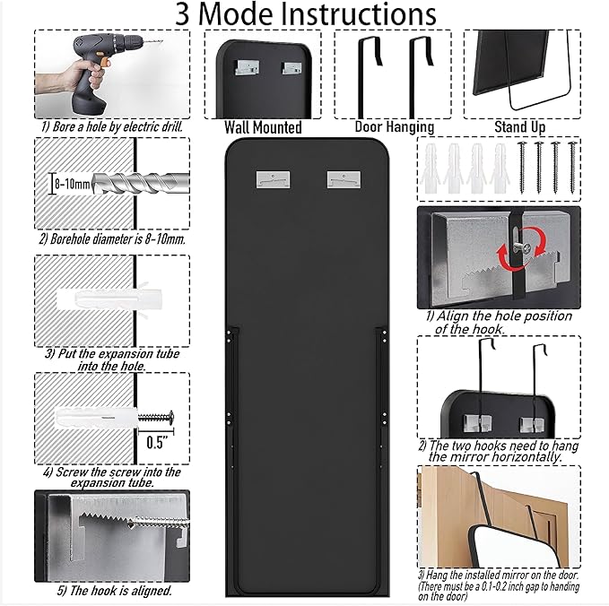SCWF-GZ 57x20 Door Hanging Full Length Mirror, Floor (Height 5.7ft just Body in 1.3ft) or Wall Mounted Metal Frame Rectangle Dressing Mirrors for Bedroom Bathroom Living Room 57 inch Black