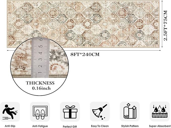 Lahome Moroccan Hallway Rug, 2'5''x8' Kitchen Runner Rugs Non Skid Washable Runners for Hallways, Ultra-Thin Oriental Carpet for Entryway Laundry Room Bedroom Bathroom Elise, Khaki