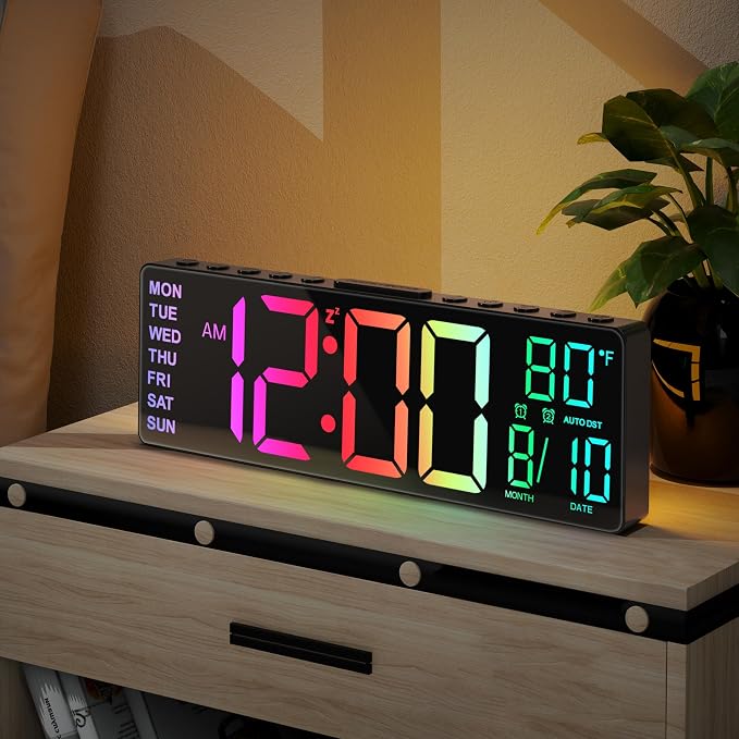 JALL 10.5'' Large Digital Alarm Clock with Big LED Number for School Classroom, Remote Control, RGB Colors,Timer, Dual Alarm, Temperature for Bedroom, Living Room, Gift for Senior Student Teacher by JALL