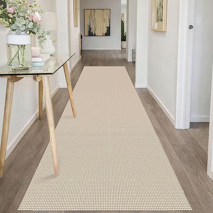 IOHOUZE Washable Runner Rug 3x10 Non Slip Rubber Backed Long Hallway Runner Entryway Runner Indoor, Kitchen Rugs Woven Cotton Floor Carpet for Hall Entrance, Beige/Khaki