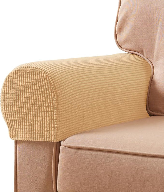 SUBRTEX Stretch Couch Arm Covers Set of 2, Checkered Sofa Arm Slipcovers, Anti-Slip Armrest Covers for Recliner and Armchairs, Pet Proof, High Stretchy, Hook & Loop Tape, Brown Khaki