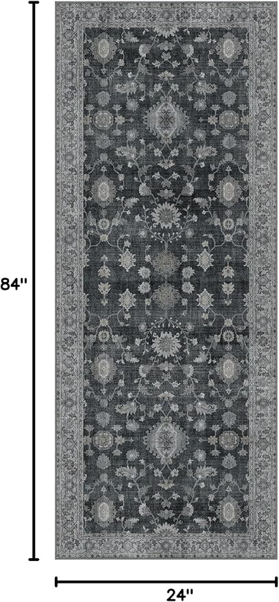 GENIMO Runner Rug for Hallways Machine Washable, 2x7 Non Slip Boho Vintage Lightweight Washable Runners, Thin Floor Rugs for Entryway Hallway Bathroom Laundry Room Corridor, Charcoal