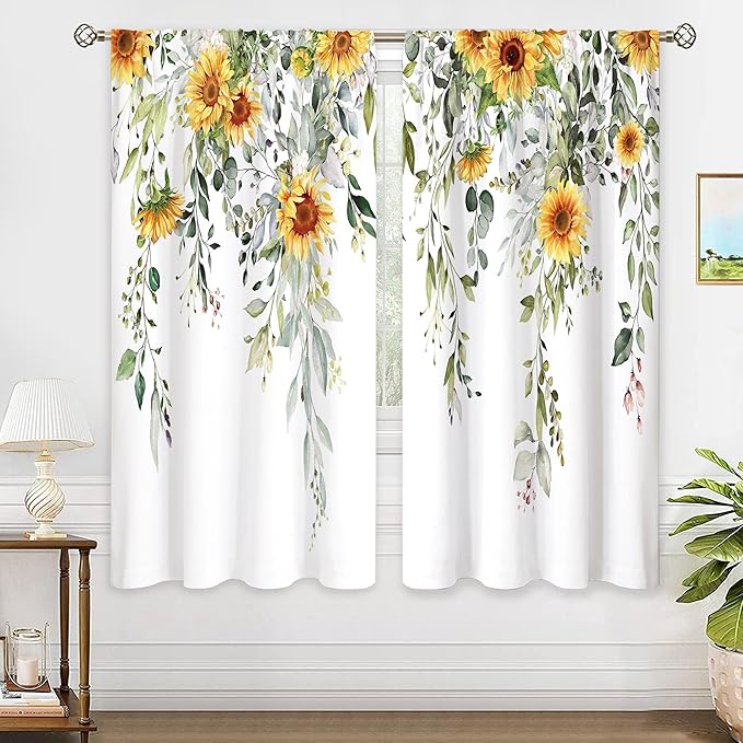 Farmhouse Sunflower Eucalyptus Botanical Leaves Floral Window Curtains Yellow Flower Watercolor Plant Wildflower Curtain Drapes Herb Curtains for Bedroom Living Room Treatment 29Wx63H Inch