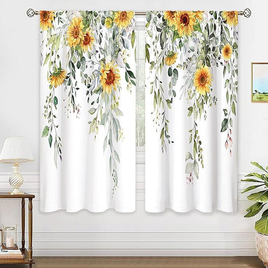 Farmhouse Sunflower Eucalyptus Botanical Leaves Floral Window Curtains Yellow Flower Watercolor Plant Wildflower Curtain Drapes Herb Curtains for Bedroom Living Room Treatment 29Wx63H Inch