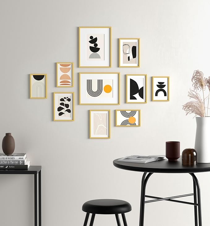 eletecpro Aluminum Gallery Wall Frame Set of 10, Including 2Pcs 8x10, 4Pcs 5x7, 4Pcs 4x6 Photo Frames for Wall or Tabletop Display, Multiple Sizes Picture Frames Collage Wall Decor, Gold