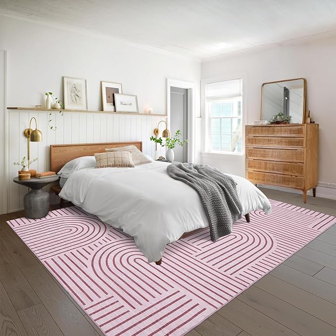 ROYHOME Washable Rug 8x10 Area Rugs for Living Room, Abstract Rug for Bedroom, Soft Rainbow Non Slip Throw Rugs with Rubber Back, Low Pile Stain Resistant Boho Geometric Carpet for Dining Room, Pink