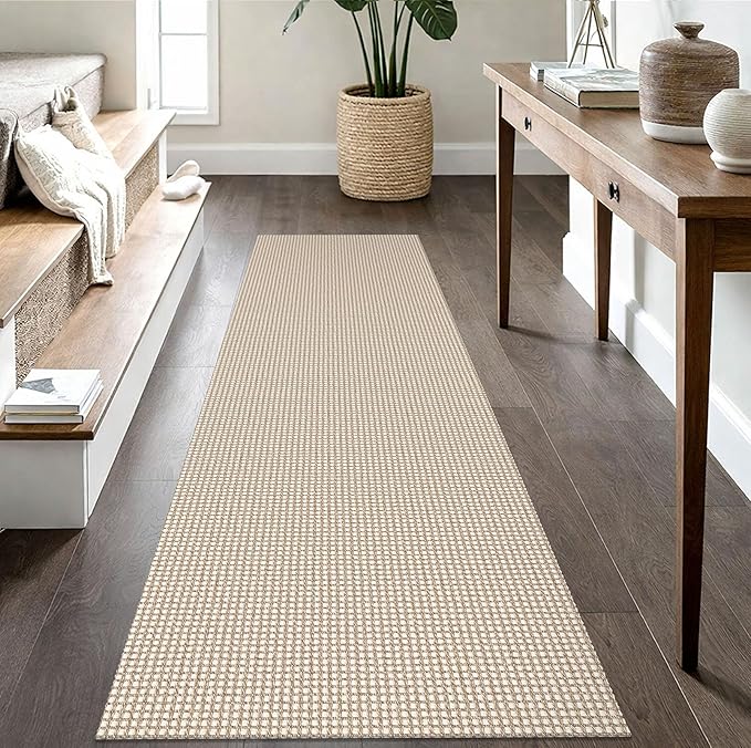 IOHOUZE Washable Runner Rug 2.6x8 Non Slip Rubber Backed Wide Hallway Runner Entryway Runner Indoor, Kitchen Rugs Woven Cotton Floor Carpet for Hall Entrance Bedroom, Beige/Khaki