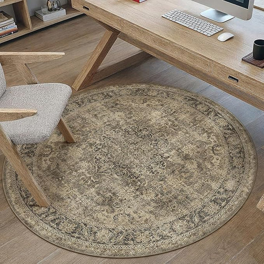 3x3 Washable Round Rug Brown Vintage Non Slip Soft Low Pile Circle Rug for Dining Room Office Entryway Distressed Oriental Indoor Carpet for Living Room Bedroom Home Decor