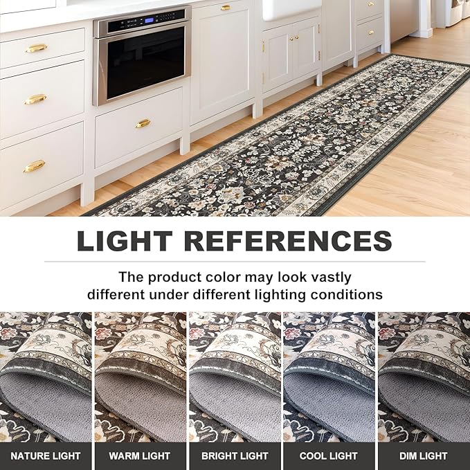 LOKHOM Washable Runner Rug, 2x8 Non Slip Vintage Hallway Runner Rug with Rubber Backing, Boho Floral Soft Faux Wool Kitchen Rug Carpet Runner for Kitchen Laundry Entryway Bedroom (Black)