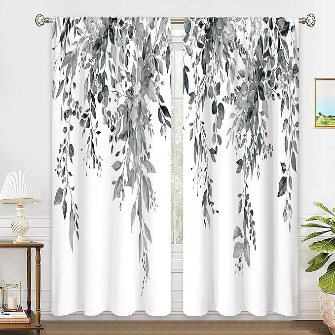 Grey Eucalyptus Botanical Leaves Floral Window Curtains Watercolor Black White Flower Plant Wildflower Farmhouse Curtain Drapes Herb Curtains for Bedroom Living Room Treatment 52Wx84H Inch
