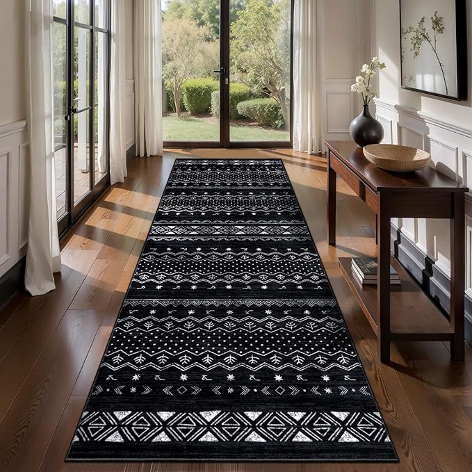 SERISSA Hallway Runner Rug, 2'6"x8' Washable Non-Slip Black and White Boho Rug, Soft Low-Pile Geometric Indoor Long Carpet for Kitchen Laundry Room Bathroom Bedroom Entryway