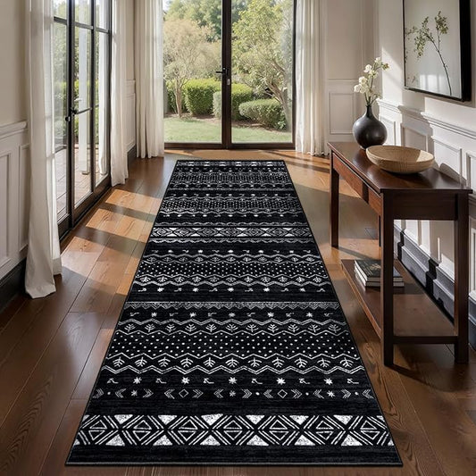SERISSA Hallway Runner Rug, 2'6"x8' Washable Non-Slip Black and White Boho Rug, Soft Low-Pile Geometric Indoor Long Carpet for Kitchen Laundry Room Bathroom Bedroom Entryway