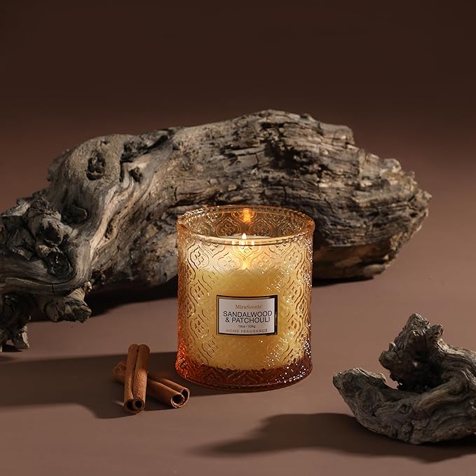 Sandalwood & Patchouli Scented Candles, 19oz Luxury Gifts for Women, Christmas Winter Decorative Glass Candles, Natural Soy Wax for Home Fragrance