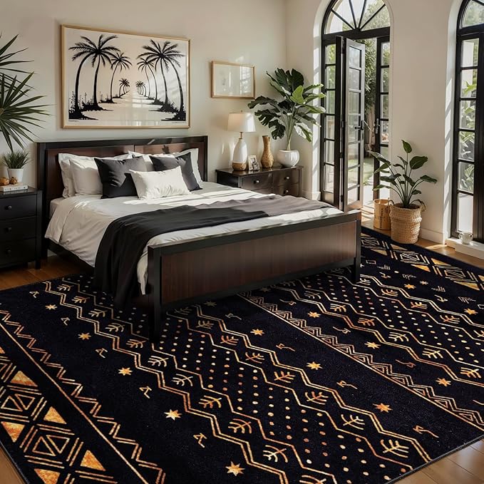 SERISSA 6x9 Area Rugs for Living Room, Washable Non-Slip Black and Gold Boho Rug, Soft Low-Pile Geometric Indoor Large Carpet for Dining Room Bedroom Home Office Playroom