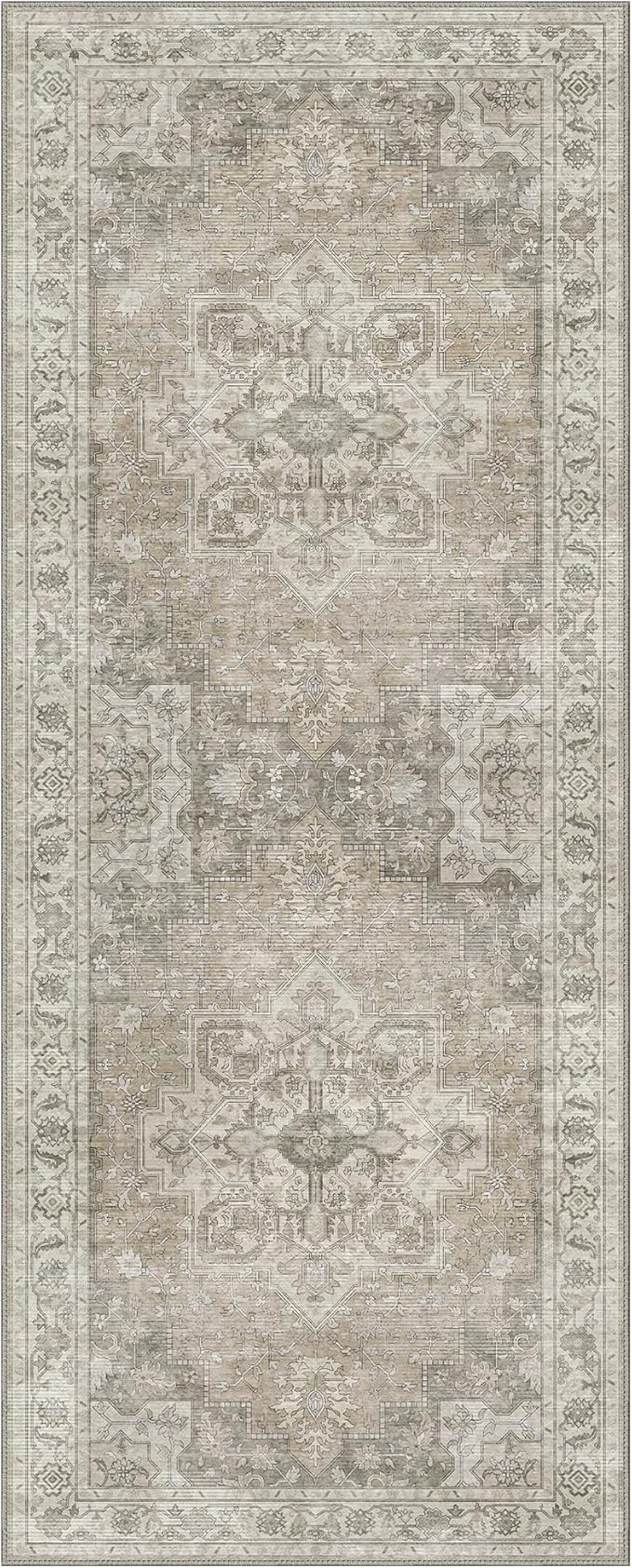 GENIMO Runner Rug for Hallways Machine Washable, 2x12 Non Slip Boho Vintage Lightweight Washable Runners, Thin Floor Rugs for Entryway Hallway Bathroom Laundry Room Corridor, Khaki Taupe