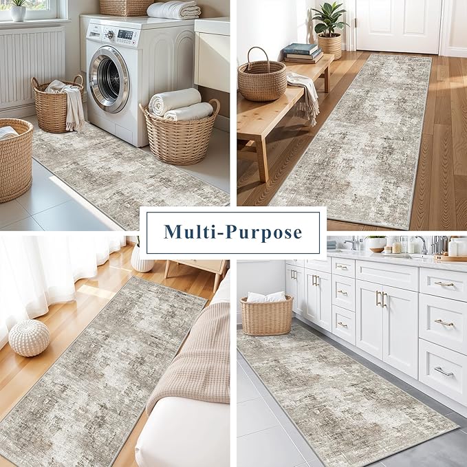 2x6 Washable Non-Slip Hallway Runner Rug – Modern Abstract Soft Carpet Runner for Kitchen, Bedroom with Rubber Backing – Low-Pile Thin Stain-Resistant Rug for Laundry Room, Entryway – Beige/Grey