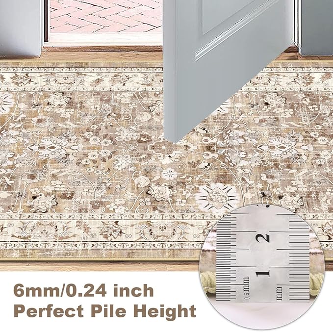 LOKHOM Washable Entryway Runner Rugs, 2x4 Non-Slip Vintage Soft Small Area Rug, Boho Floral Kitchen Runner Carpet Door Mat Indoor Entrance Accent Throw Rugs for Bedroom Laundry (Beige Brown)