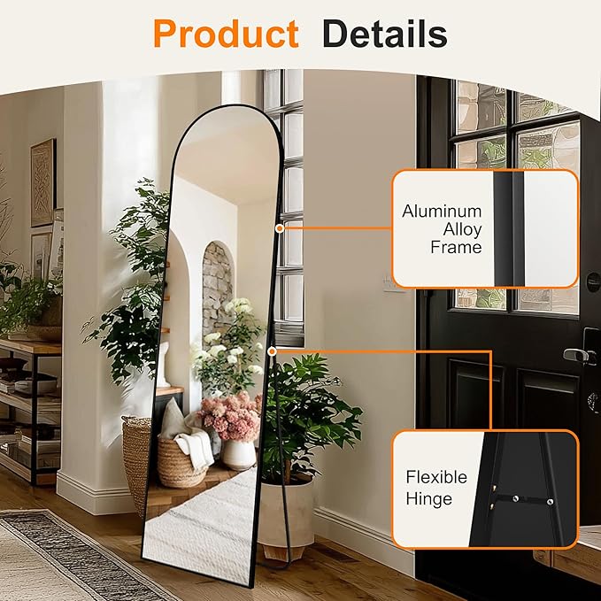 TRAHOME Arched Full Length Mirror, 56"x15" Standing Body Mirror for Wall, with Aluminum Alloy Frame for Bedroom, Living Room, Dressing Room(Black)