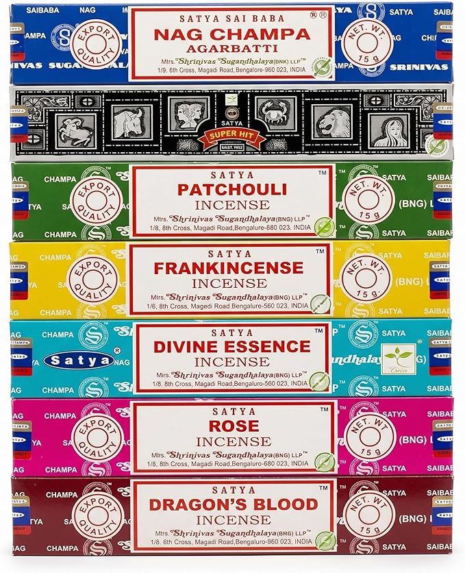 Satya Incense Gift Set Nag Champa, Super hit, Dragon's Blood, Frankincense, Patchouli, Rose, Divine Essensce, 15 g (Divine)