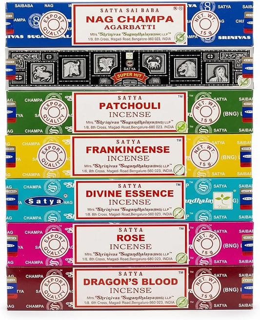 Satya Incense Gift Set Nag Champa, Super hit, Dragon's Blood, Frankincense, Patchouli, Rose, Divine Essensce, 15 g (Divine)