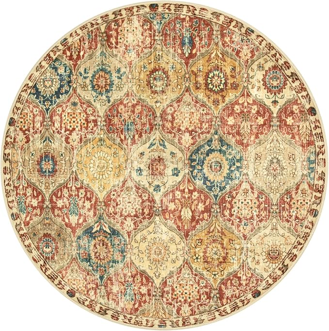 Lahome Moroccan Trellis Washable Round Area Rug, Round Rug 5ft Soft Non-Slip, Non-Shedding Distressed Circle Carpet for Bedroom Living Room Bathroom Nursery Kitchen Elise, Red/Orange