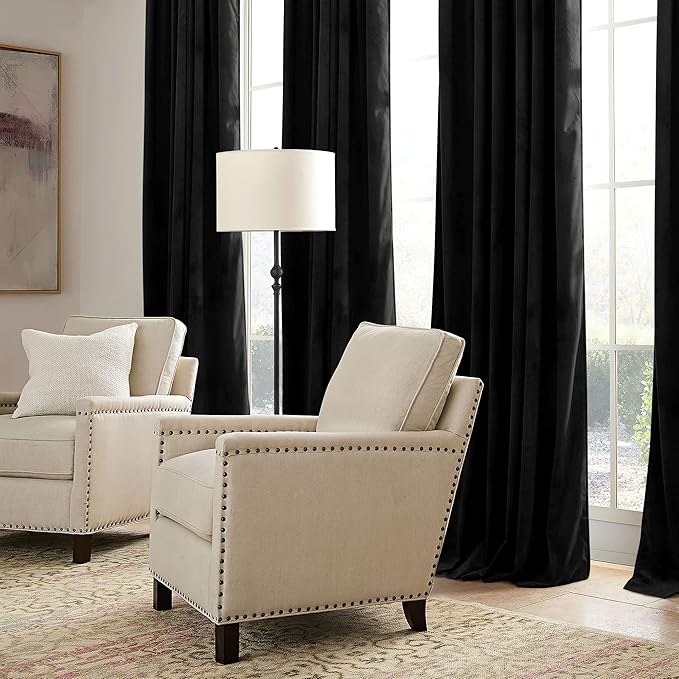RYB HOME Black Velvet Curtains 108 inch, Blackout Window Curtains with Pleat Tape on Top for Bedroom Thermal Insulated Privacy Ceiling Drapes for Living Room, W52 x L108 inch, 2 Panels