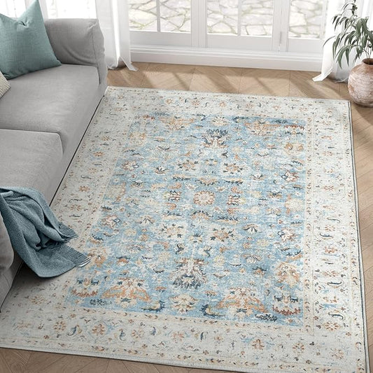jinchan Area Rug 4x6 Bedroom Rug - Washable Vintage Boho Floral Print Lightweight Low Pile Thin Non-Slip Floor Cover Retro Distressed Carpet for Living Room Dining Room Kitchen Office Light Blue