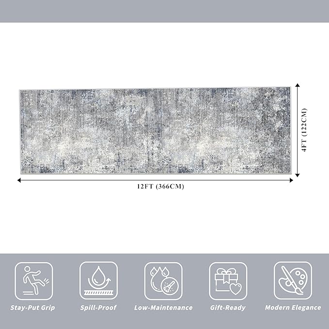 4x12 ft Extra Wide Hallway Rug – Non-Slip Washable Large Long Carpet Runner for Kitchen, Indoor Entryway, Modern Abstract Low-Pile Thin Floor Mat for Bedroom, Living Room, Dining Room（Blue Grey,4x12）
