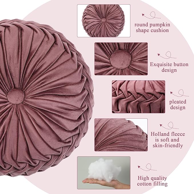 Drydiet 1 Pcs Round Throw Velvet Pillows Decorative Pleated Throw Pillows 15'' Diameter Accent Pumpkin Boho Chair Cushion for Couch Sofa Home Decoration (Dusty Rose)