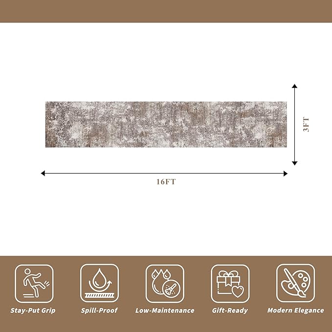 3x16 ft Non-Slip Hallway Runner Rug – Washable Rubber Backed Large Carpet Runner for Hall, Kitchen Floor, Entryway, Bedroom, Living Room – Abstract Modern Neutral Low-Pile Thin (Brown Beige, 3x16)
